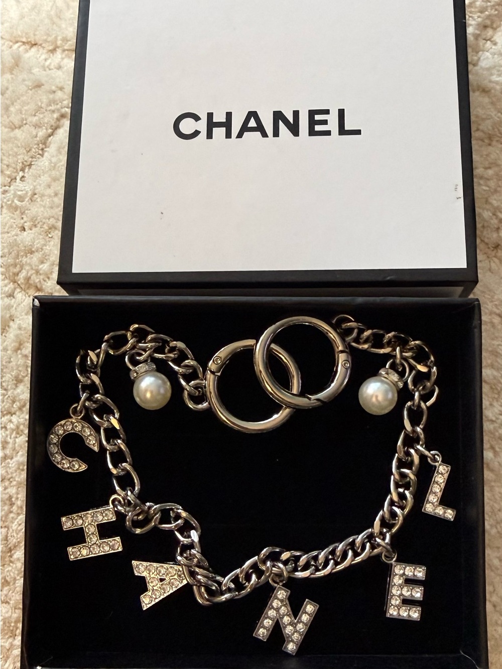 Silver-Tone Pearl & Crystal Logo purse Charm / keychain